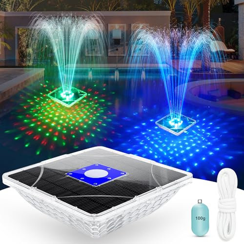 ChlorStar Fuente solar con espectáculo de luz, fuente solar grande para piscina con ancla, fuentes flotantes cuadradas para piscina enterrada sobre el suelo, bomba de fuente de agua alimentada por