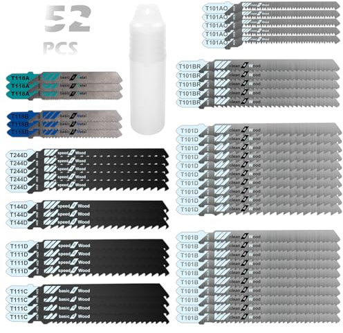 VFANDV Lame per Seghetto Alternativo Set di 52, Single-Cam Shank Lame per Seghetto Alternativo per Taglio Legno, Metallo, Plastica, PVC, T118A/T118B/T101AO/T111D/T244D/T111C/T101B/ T101D/T101BR