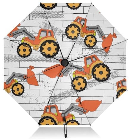FRODOTGV Regenschirm mit Cartoon-Traktor-Motiv, zusammenklappbar, kompakt, für Regen, Sonne, 8 Rippen, groß, winddicht, UV-Regenschirm, automatisch, für Herren, Orange