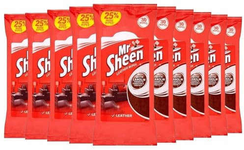 Mr Sheen Leather Wipes with Lanolin – 10 Packs of 30 (300 Wipes Total), Cleans and Conditions Leather Surfaces, Suitable for Jackets, Sofas, Car Seats, Resealable Packs for Everyday Maintenance