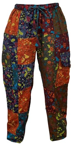 Ezhippie Men Patchwork Mushroom Print Cargo Pants Hippie Trouser, S