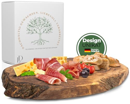 Leni Design Tagliere in Legno d'Ulivo Decorativo per il Pane Con Bordo Naturale - Pezzo Unico Realizzato a Mano (28-32 cm)
