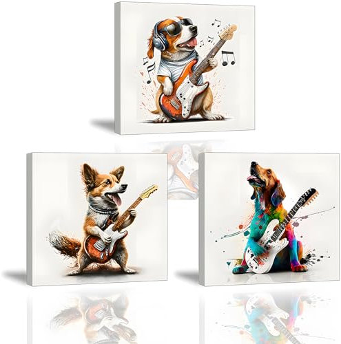 Piy Painting Niedliche Tierbilder Der Hund spielt Gitarre Bilder auf Leinwand, Druck auf Leinwand Bilder Wandbilder für Schlafzimmer Fitnessstudio Yoga-Raum, mit Innenrahmen (30x30CMx3Stück)