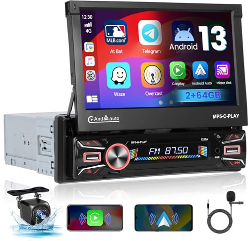 Hikity Android 13 Autoradio 1 Din Carplay Wireless Android Auto 7 Zoll Motorisch Ausfahrbarem Bildschirm Touch Display Auto Radio mit Bluetooth FM Dual USB AUX Rückfahrkamera Mikrofon