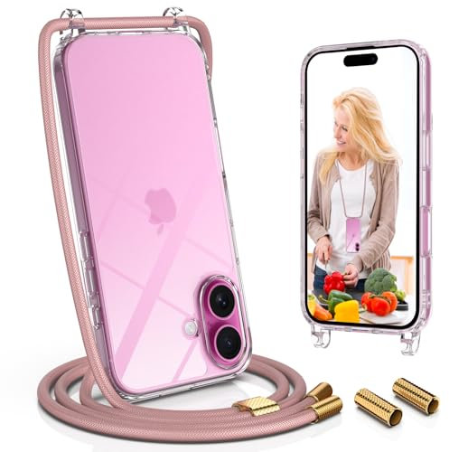 UYMO Handykette Hülle mit Band Für iPhone 16, Necklace Transparent Handyhülle Case mit Schnur Abnehmbar, Schutzhülle zum Umhängen Kordel, Roségold
