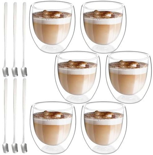 Lot de 6 verres à latte macchiato à double paroi - 250 ml - Verres à double paroi avec 6 cuillères à cappuccino - Verres à café glacé - Verres thermiques