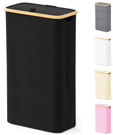 SpaceAid Slim Laundry Hamper with Lid, 65L Narrow Clothes Basket Bin with Bamboo Handles, Skinny Tall Collapsible Hamper for Bedroom, Bathroom, Dorm, Laundry Room - Black