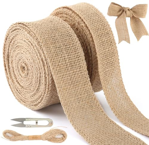 GHVACZS 20m Juteband, 2,5/4cm Breit Burlap Band, Vintage Geschenkband mit Zwirn und Schere, Sackleinen Band für Handwerk, Weihnachten Deko, Hochzeit Deko (10m/Rollen)