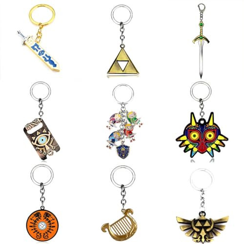 JUSONGKWCP 9 Pcs Zelds Echoes Wisdom Porte Clés Jeu Tears Kingdom Figurine Keychain Pendentifs Wingcrest Logo Hylian Shield Métal Porte Clef Set