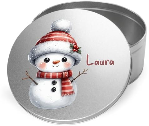 GRAZDesign Personalisierte Keksdose Weihnachten mit Schneemann und Name, Geschenkidee für Kinder, runde Plätzchendose aus Metall