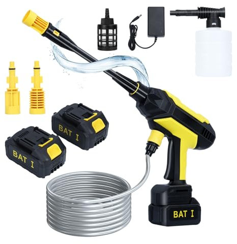Erhigher Cordless Pressure Washer for 21V Max Battery, 20BAR Portable Auto Power Washer with 6-in-1 Nozzle Handheld High-Pressure Car Washer GGun for Fence Car Floor (2 Battery Included) Yellow & Bla