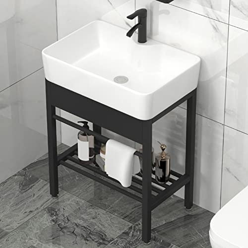 DDKYHU Lavabo de Salle de Bain Wit Lavabo en céramique Lavabo sur Pied sur Pied Lavabo en Porcelaine Rectangulaire avec Pieds en métal en Acier Inoxydable (Wit 61x40cm/24x16in)