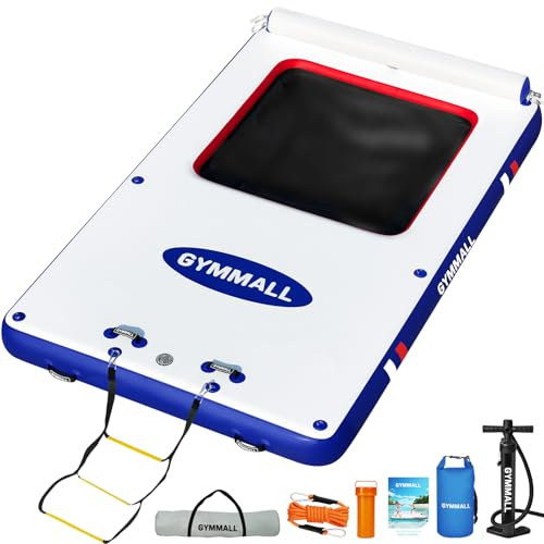 GYMMALL Muelles flotantes inflables para Adultos - flotadores de Piscinas, Barcos inflables, Piscinas para Perros con escaleras y válvulas de Seguridad, portátiles para Nadar, Azul y Rojo 300CM