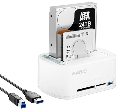 MAIWO Docking station per disco rigido SATA a USB 3.0 con clone offline per HDD/SSD da 2,5 e 3,5, dock per disco rigido con lettore di schede CF/SD, supporto 2 x 24 TB, bianco