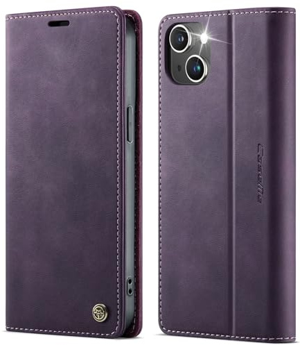 owlhold iPhone 14 hülle klapphülle Premium PU Leder, RFID Schutzhülle, Faltbare Ständer, Handytasche Lederhülle Kartenfach Standfunktion Handyhülle iPhone 14 - Lila
