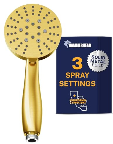 HammerHead Showers® Solid Metal 3-Spray Hand Held Shower Head, Brushed Gold | Select from Wide, Massage, and Mist Sprays | 1.75 GPM Low Flow Handheld Showerhead | Made from 304 Stainless Steel
