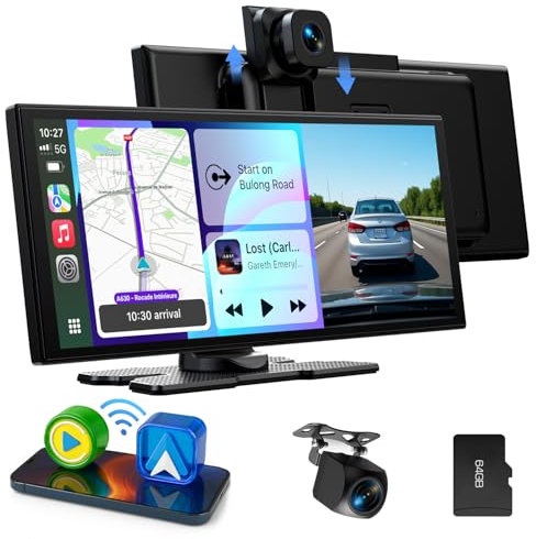 LAMTTO Écran CarPlay Voiture sans Fil 10,25 Pouces Autoradio Android Auto Stéréo Car Play avec Dashcam Avant 2,5K Caméra Arrière 1080P avec Navigation Bluetooth FM AUX Enregistrement Loop 64GB TF