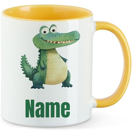GRAZDesign Personalisierte Kinder Tasse mit Krokodil - Gelbe Kaffeebecher mit Namen Keramik 330ml