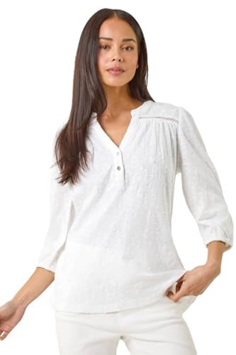 Roman Petite Embroidered Stretch Top for Women UK - Ladies Everyday Holiday Spring Summer V-Neckline Comfy Soft Evening Vacation Work Party - Petite White - Size 18