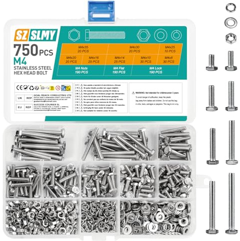 750 Stk Sechskantschrauben Muttern Set, M4 Schrauben Set, Edelstahl Gewindeschrauben Set, Maschinenschrauben, Fahrrad Schrauben und Muttern Set mit Unterlegscheiben für Auto Möbel (750, M4)