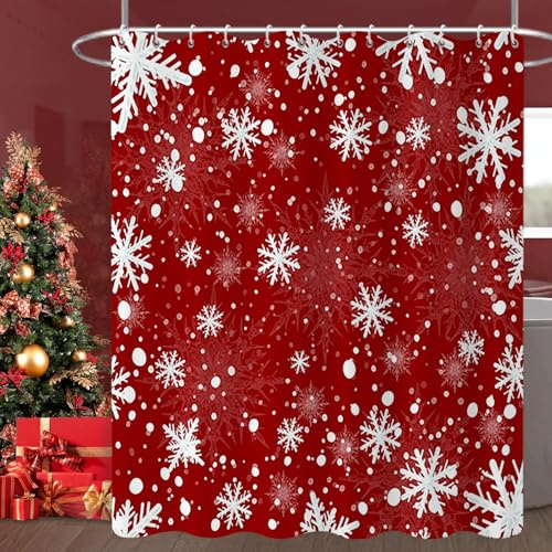GCIREC Duschvorhang, 180x200cm, Weiß Rot Weihnachten Winter Schneeflocke Neujahr Wasserdicht Stoff Badezimmer Vorhang Maschinenwaschbar mit Häkchen