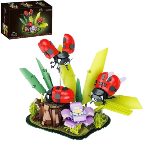 Genruron Insekten Kollektion Blumen Bausteine Bausatz, 750 Teile Insekten Modellbausatz, Marienkäfer Blumen Bonsai Bausteine Set, Tier Display Modell Deko Bausteinspielzeug für Teen Erwachsene