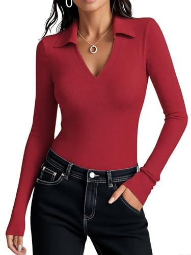 Dressmine Ladies Red Jumper Long Sleeve V Neck Ribbed Knit Fitted Tops Fitted Basic Outfits Workout Running Blouse Size 8