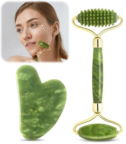 2 Stück Gua Sha Stein Massage Kits, Jadewalze Gesichtsroller Gesichtsmassage, Guasha Jade Roller Massage Set, Gesichtsmassagegerät Set, Gua Sha Massagegerät, Reduziert Feine Linien