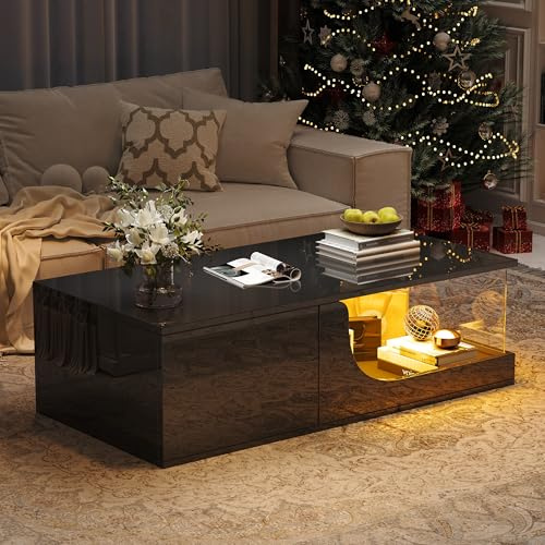 Kebnor Couchtisch,Sofatisch mit 2 Schubladen, Hochglanz Wohnzimmer Beistelltisch, MDF Wohnzimmertisch, kaffeetisch mit LED,Tragender Tisch aus gehärtetem Glas, schwarzer Designtisch 100 * 50 * 30cm