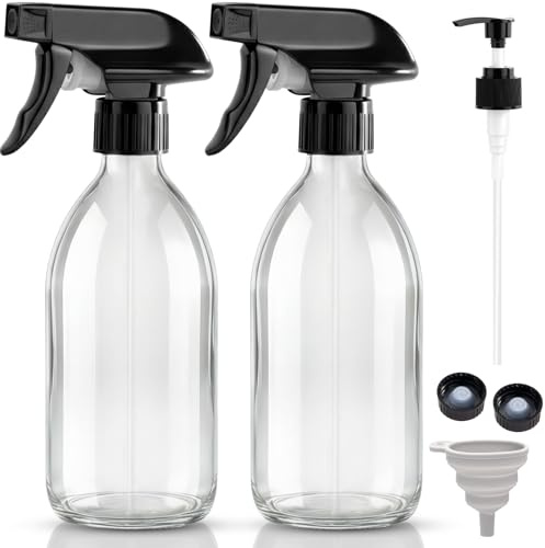 2 Stück 500ml Sprühflasche Glas, Transparent Pflanzensprühflasche Nachfüllbare leere Sprühflasche mit justierbarer Düse für Spritz Spray Bottle Sprühflaschen für Reinigung, ätherische Öle, Haarpflege