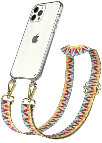 EAZY CASE Handykette - Verstellbares Taschenband kompatibel mit iPhone 12 Pro Max, Schulterriemen, Handykordel mit Silikon Hülle, Umhängetasche, Regenbogen Gold