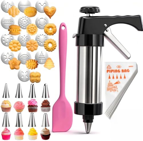 Gebäckpresse Edelstahl Set Mit 13 Schablonen, 8 Tüllen Und 10 Spritzbeuteln, Spritzgebäck Presse Für Plätzchen, Kekse Und Cupcakes, Praktische Backform Für Weihnachtsgebäck Und Familienfeiern