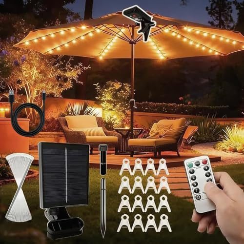 Solar Beleuchtung für Sonnenschirm, Zuschneidbar Lichterkette für Sonnenschirm mit Fernbedienung und Clip, 8 Modus Regenschirm Lichterkette für Sonnenschirmdekoration, Camping, Zelte, Außen, Party