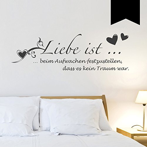 WANDKINGS Wandtattoo - Liebe ist beim Aufwachen festzustellen, dass es kein Traum war. (mit Herzranke und 2 Herzen) - 50 x 16 cm - Schwarz - Wähle aus 5 Größen & 35 Farben