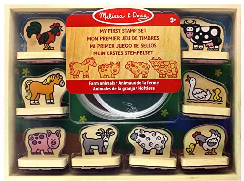 Melissa & Doug Stempelset aus Holz mit Bauernhoftieren, für Kinder ab 3 Jahren, 8 Holzstempel, 2 Stempelkissen, Aufbewahrungsbox
