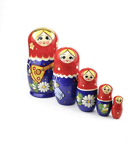 Heka Naturals Matryoshka Russische Puppen Klassische Babuschka Hand Made in Russland 5 Stück 18 cm Holz Geschenk Spielzeug -Balalaika (Design kann variieren)
