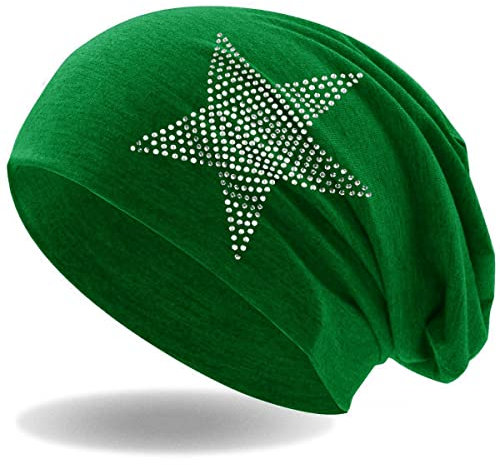 Hatstar Strass Stern Damen Beanie Mütze | elastisches Slouch Long Beanie | Mädchen Mütze | mit edler Strass Applikation | leicht und weich (dunkelgrün)