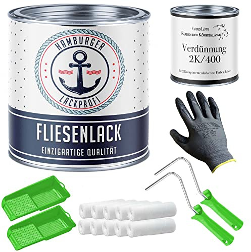Fliesenlack SEIDENMATT Verkehrsweiß RAL 9016 Weiß Fliesenfarbe für Bodenfliesen & Wandfliesen mit Lackier-SET (X300) und Verdünnung // Hamburger Lack-Profi (1 L)