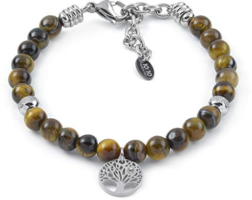 10:10 Bracciale in acciaio inox e pietre naturali da 6 mm, charms albero della vita e beads in acciaio, prodotto realizzato in Italia (Occhio di tigre)