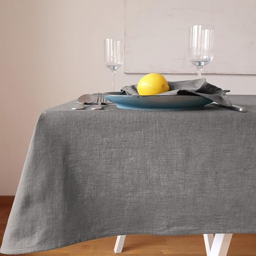 Farnberg Premium Tischdecke aus Leinen - Stofftischdecke für Küchentisch, Esstisch - Fleckschutz Tischtuch - Leinentischdecke - (135 x 250 cm) - (Uni-grau)