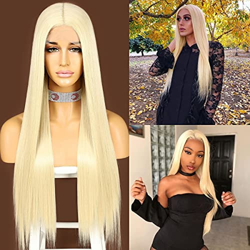 Sapphirewigs 613 Blond Lange gerade Perücke für Frauen Spitze vorne Perücken mit mittelTeil japanische synthetische Haare 150% Dichte Täglich Halloween Weihnachten hitzebeständig 26 inch