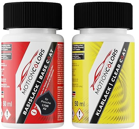 MOTIONCOLORS Brillantschwarz LY9B / A2 für Porsche Autolack Lackstift Set Basislack und Klarlack je 50ml