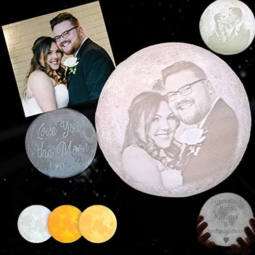 Mondlampe Personalisierte, Benutzerdefinierte 3D Mondlampe mit Foto, 3 LED-Farben, Dimmbar, mit Holzständer, Fernbedienung und Touch-Steuerung, Geschenke für Sie/Ihn, Geburtstagsgeschenke, 10 cm
