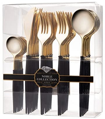 Decor Decorline - Ensemble de couverts réutilisables en plastique robuste - 40 pièces - Avec 16 fourchettes, 8 couteaux, 8 cuillères et 8 cuillères à dessert - Noble - Haut: Or - Poigné: Noir