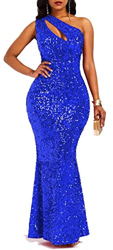 VERWIN Pailletten-Maxikleid für Damen, ärmellos, schräger Kragen, figurbetontes Kleid, Partykleid, Blau, XX-Large