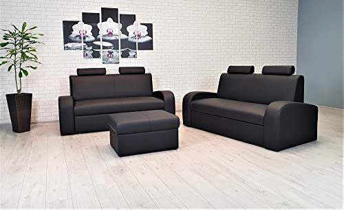 Schwarzes Echtleder Sofagarnitur Antalya II Extra 2,5 er + 2,5 er mit Kopfstützen , Bettkasten und Schlaffunktion + Hocker Ledersofa Echt Leder Couchgarnitur Möbel Set große Farbauswahl !!!