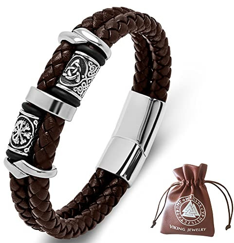 DPGOLDP Wikinger Lederarmband mit Edelstahl Celtic Knot & Vegvisir Runen Perlen Amulett Armbänder für Herren Damen,Braun,185mm