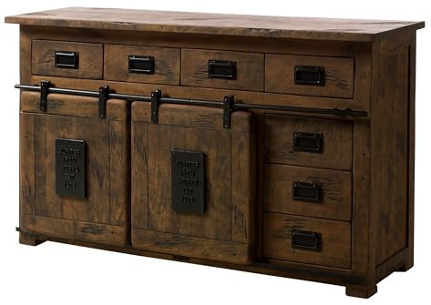 MASSIVMOEBEL24.DE | Railway massives Sideboard - braun geölt | Mangoholz | 2 Türen - 7 Schubladen rechts | 150x45x90 | Used-Look | Kommode Tv-Sideboard Wohnzimmer-Schrank