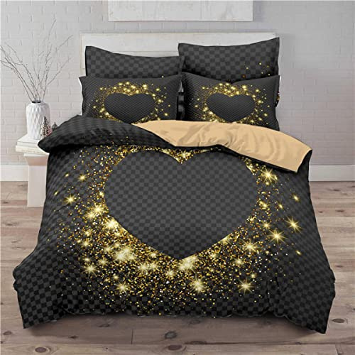 Freyamy 3D Aesthetic Bettwäsche 200x200cm 3teilig Schwarz Gold Herzmotiv Liebe Modern Mikrofaser Kinderbettwäsche Weiche Bequem Doppelbett Bettbezug mit Reißverschluss und 2 Kissenbezug 80x80cm