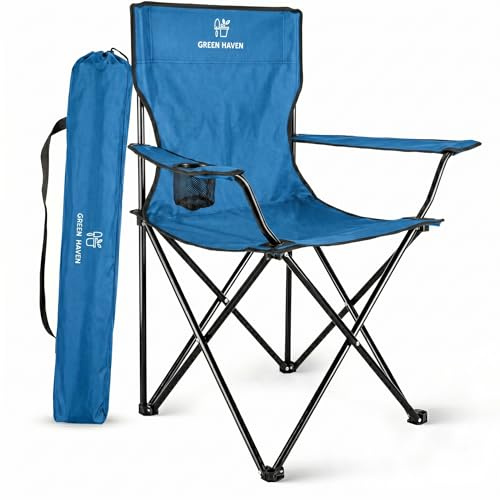 Green Haven Folding Camping Chair with Cup Holder & Carry Bag – Lightweight Portable Outdoor Chair, Heavy Duty Steel Frame, Padded Headrest, Wide Seat for Camping, Festival, Garden, Fishing